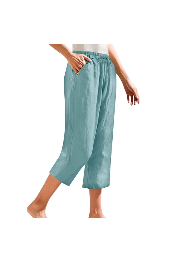 Women’s Capri Cotton Linen Pants Travel Pants Soft & Breathable Skin-friendly Straight Leg Comfortable Flowy Relaxed Fit Vacation Beach Pants Elastic Waist Pants GN2 M