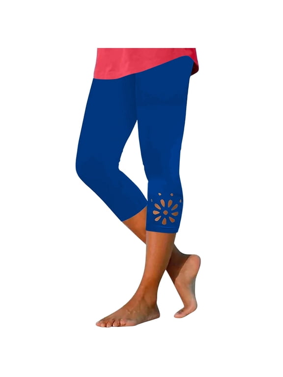 Women's Capri Leggings Laser Cut Floral Hollow Out Cropped Tights High Waisted Soft Stretchy Swim Beach Cover Up Pants Casual Summer Workout Yoga Bottoms Blue 3XL