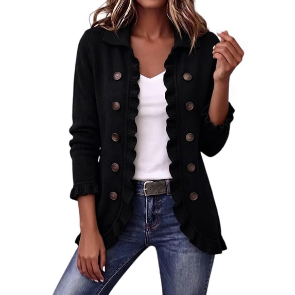 BODOAO Women's Cardigan 3/4 Sleeve Ruffle Trim Open Front Knit Sweater with Double Breasted Buttons Collared Longline Loose Fit Dressy Layer for Fall Winter Classic Style Black L
