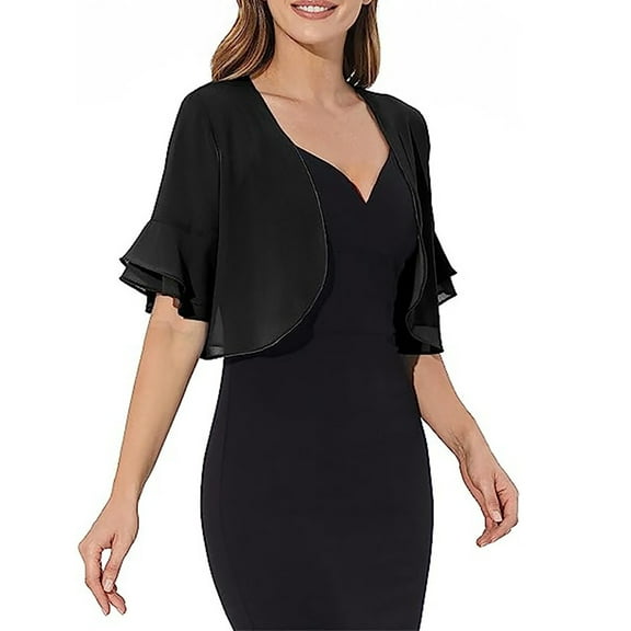 BODOAO Women's Cardigan Bolero Shrug Ruffle Short Sleeve Open Front Loose Sheer Jackets for Tops European and American New Ladies Chiffon Sleeve Short Sleeve Cardigan Black Xl