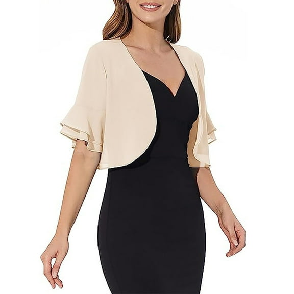 BODOAO Women's Cardigan Bolero Shrug Ruffle Short Sleeve Open Front Loose Sheer Jackets for Tops European and American New Ladies Chiffon Sleeve Short Sleeve Cardigan Beige L
