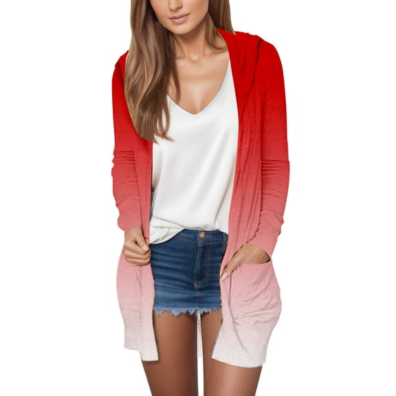 BODOAO Women's Cardigans Open Front Casual Lightweight Long Sleeve Knit Classic Fall Fashion Cardigan with Pockets Autumn and Winter Gradient Thin Mid Length Cardigan Side Jacket Watermelon Red L