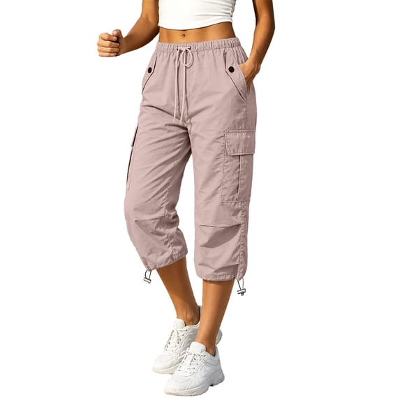 BODOAO Women's Cargo Capri Pants Elastic Waist Cropped Utility Pants with Pockets and Adjustable Hem Striped Straight Leg Casual Trousers Lightweight Loose Fit Ankle for Beige 4XL