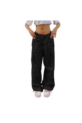 Women's Cargo Pants High Waisted Baggy Parachute Pants Loose Fit Straight Leg Lounge Trousers with Pockets Casual Y2K Streetwear Hippie Jogger Sweatpants Lightweight Cargo Trousers Black M