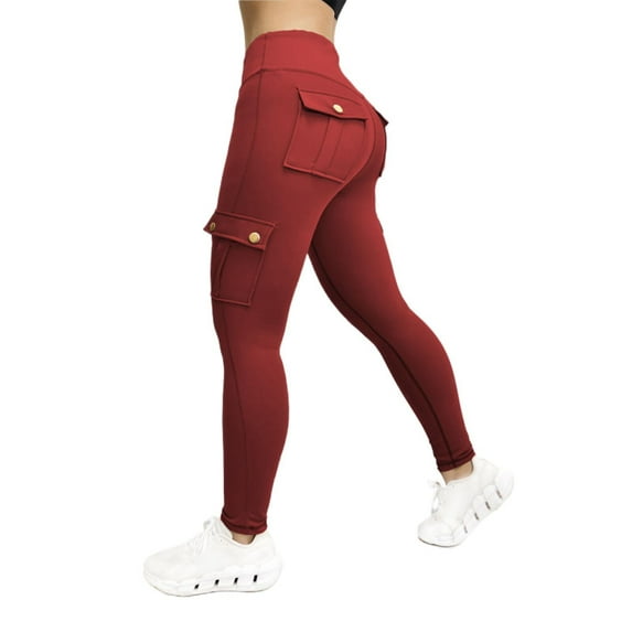 BODOAO Women's Cargo Yoga Leggings Butt Lifting Leggings with Flap Pockets High Waist Tummy Control Running Pants Gym Tights Workwear Fitness Pants Yoga Pants Running Trousers Red L