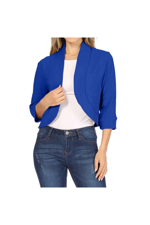 Women's Casual 3/4 Sleeve Bolero Open Front Cardigan Jacket Work Office Blazer,Lightweight Cropped Cardigan Coat Solid Color Three Quarter Sleeve Sleeve Cardigan Short Small Coat Blue Xxl