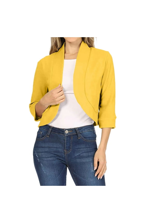 Women's Casual 3/4 Sleeve Bolero Open Front Cardigan Jacket Work Office Blazer,Lightweight Cropped Cardigan Coat Solid Color Three Quarter Sleeve Sleeve Cardigan Short Small Coat Yellow Xxl