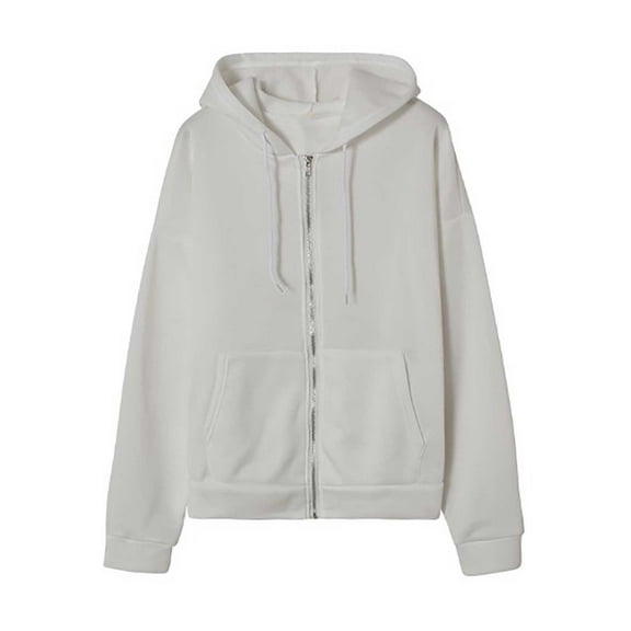 BODOAO Women's Casual Full-Zip Hoodie Lightweight Long Sleeve Sweatshirt Casual Jacket with Pocket Fashion Oversize Korean Pullover Zipper Coat Pure Color Loose Crop Solid Color for Women White S