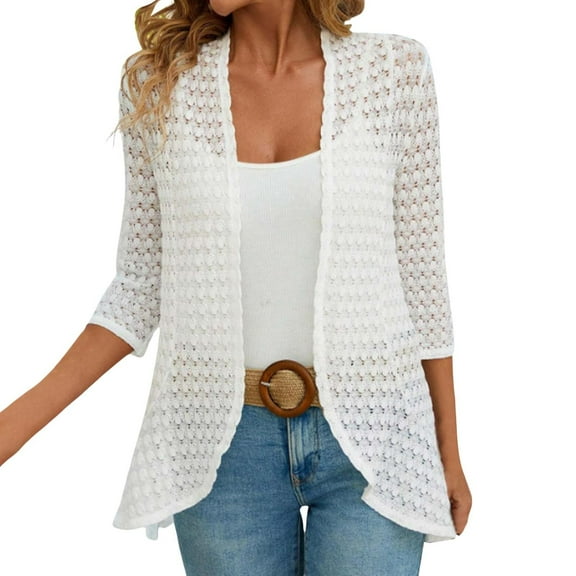 BODOAO Women's Casual Lightweight Open Front Cardigans Soft Comfy Draped 3/4 Sleeve Crochet Eyelet Cardigan Shrug Coverups Autumn Patterned Lace Hollow Lace Solid Color Sleeved Cardigan White L