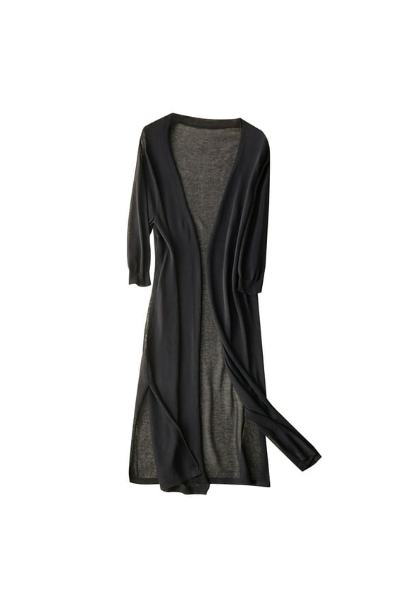 Women's Casual Long Open Front Drape Lightweight Duster Maxi Long Sleeve Cardigan Ladies' Solid Linen Ice Cotton and Linen Knit Cardigan Midi Black 3Xl