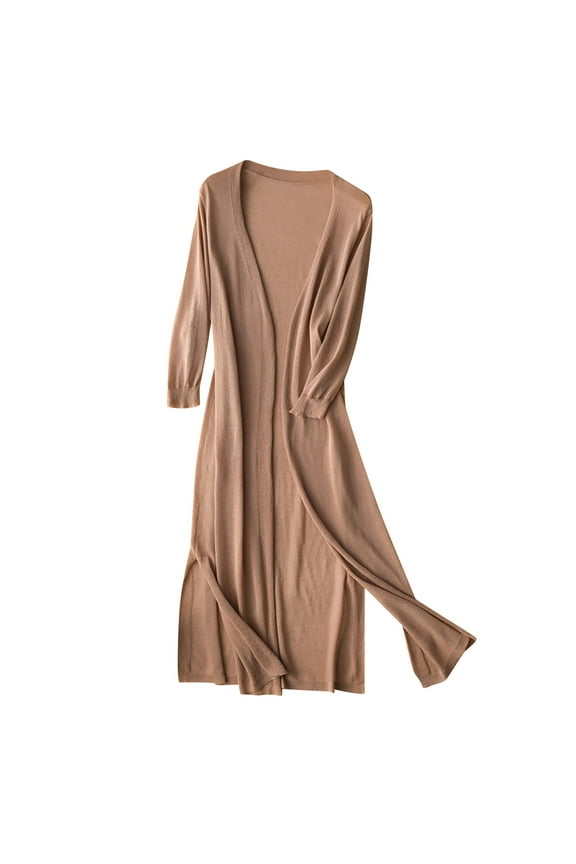 Women's Casual Long Open Front Drape Lightweight Duster Maxi Long Sleeve Cardigan Ladies' Solid Linen Ice Cotton and Linen Knit Cardigan Midi Brown Xl