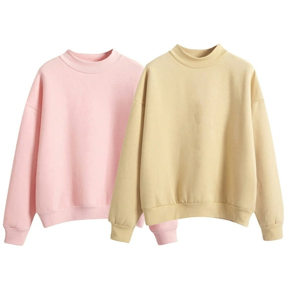BODOAO Women's Casual Long Sleeve Sweatshirt Tops Mock Turtleneck Lightweight Tunic Fall Pullover Solid Color Fleece Lined Hoodie Loose Thick Baseball Jacket High Collar Autumn Winter Pink Beige L