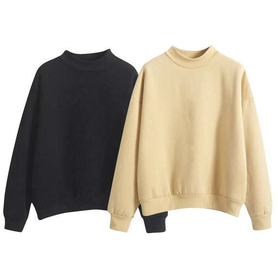 BODOAO Women's Casual Long Sleeve Sweatshirt Tops Mock Turtleneck Lightweight Tunic Fall Pullover Solid Color Fleece Lined Hoodie Loose Thick Baseball Jacket High Collar Autumn Winter Beige+Black L
