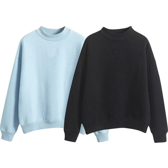 BODOAO Women's Casual Long Sleeve Sweatshirt Tops Mock Turtleneck Tunic Fall Pullover Solid Color Fleece Lined Hoodie Loose Thick Baseball Jacket High Collar Autumn Winter Light Blue Black L