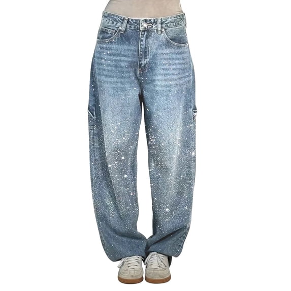 BODOAO Women's Casual Loose Harem Jeans Baggy Wide Leg Jeans Washed Distressed Straight Leg Denim Pants Rhinestone Jeans High Waist Sright Leg Y2K Denim Pants Vintage Wash Trousers Streetwear