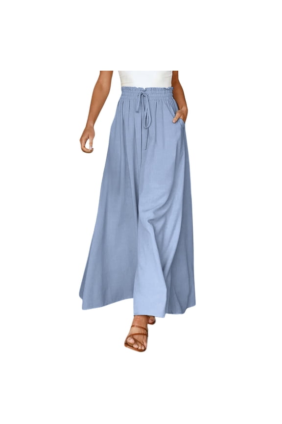Women's Casual Wide Leg Culottes Pants Comfy Drawstring High Elastic Waist Palazzo Pants Wide Leg Pants Solid Color Waist Pants Blue S