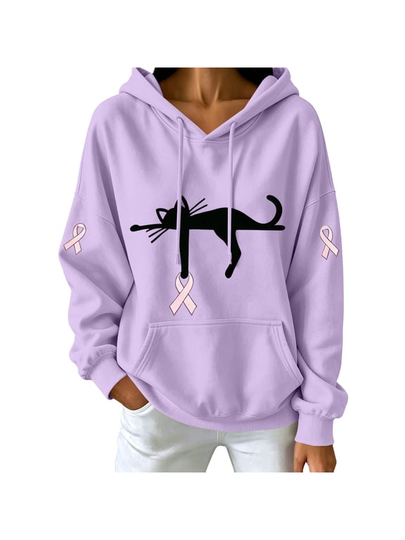 Women's Cat Ribbon Graphic Hoodie Breast Cancer Awareness Hooded Sweatshirt with Printed Design Casual Pullover Top for Everyday Wear and Easy Layering Purple 2XL