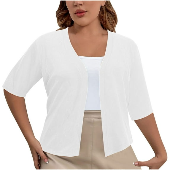 BODOAO Women's Classic 3/4 Sleeve Open Front Cropped Cardigan Sweater Lightweight Knit Short Shrugs Plus Size Cardigan Jacket Plus Size Cardigan Loose Short Sleeve Cropped Jacket 2025 Fall White Xl