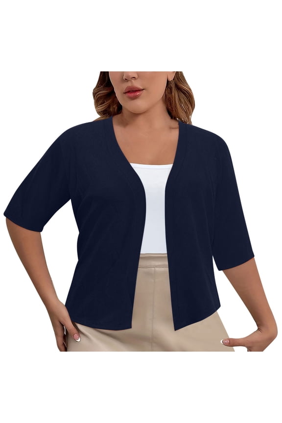 Women's Classic 3/4 Sleeve Open Front Cropped Cardigan Sweater Lightweight Knit Short Shrugs Plus Size Cardigan Jacket Plus Size Cardigan Loose Short Sleeve Cropped Jacket 2025 Fall Navy L