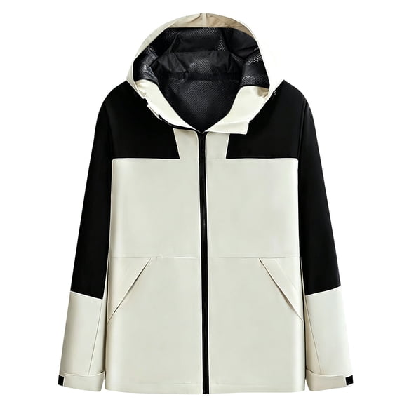 BODOAO Women's Color Block Zip Up Long Sleeve Tops, Lightweight Hooded Jackets for Women, Casual Windbreaker Coats for Outdoor Hiking, Travel, and Fall Beige L