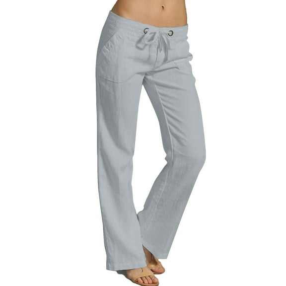 BODOAO Women's Corduroy Pants Summer Wide Leg Pants Solid Casual Linen Drawstring Cropped Pants with Pockets Cotton Linen Drawstring Wide Leg Pants High Waisted Casual Loose Trousers with Pockets