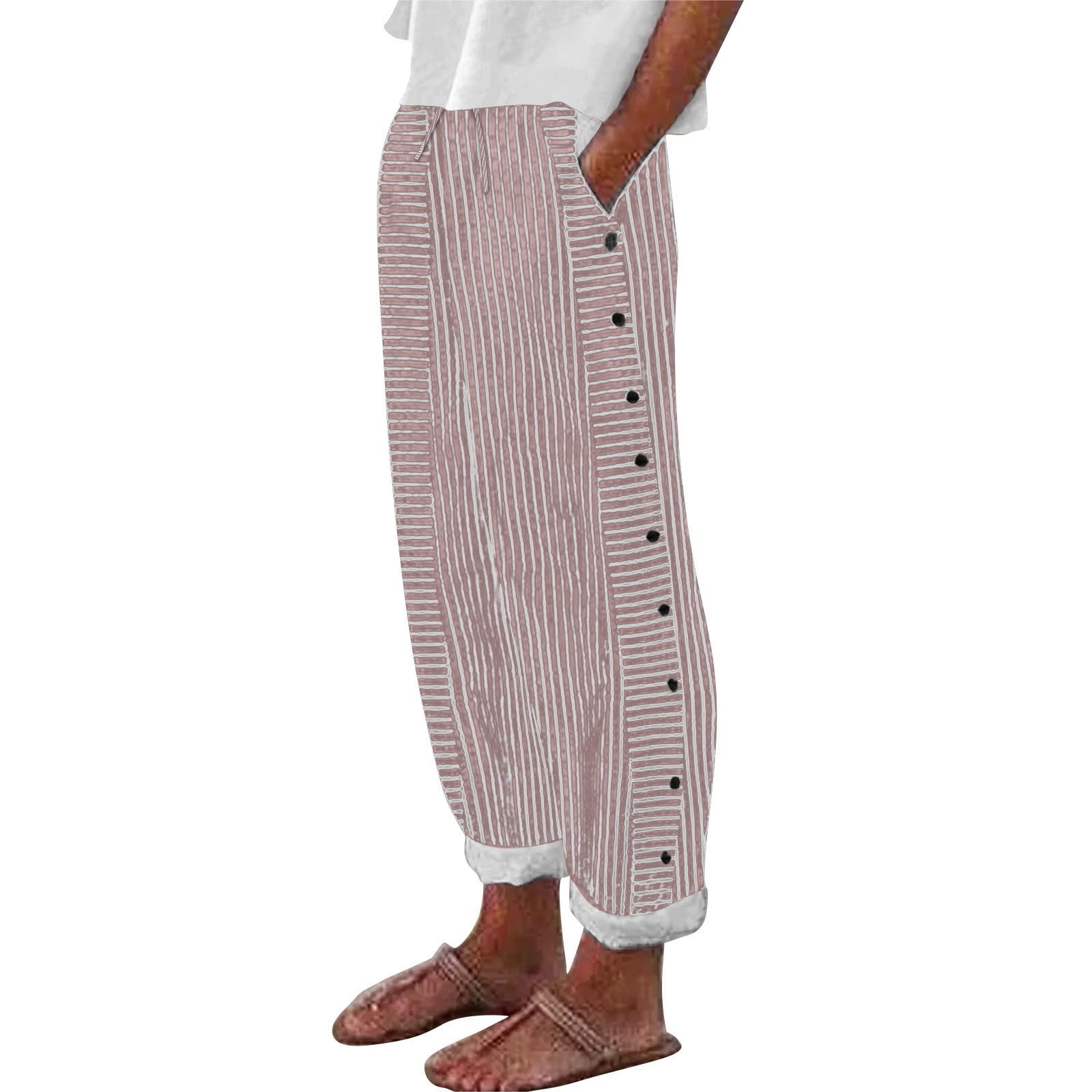 Women Linen Pockets Solid Elastic Waist Linen Crop Pants Summer