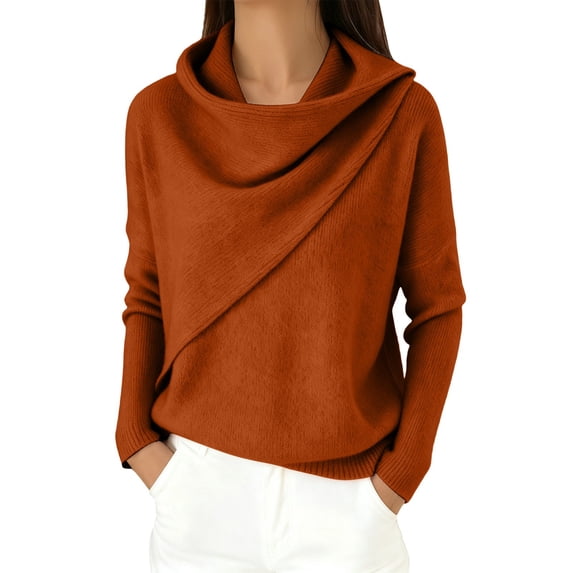 BODOAO Women's Cowl Neck Sweater Long Sleeve Knit Pullover Draped Asymmetrical Collar Oversized Loose Fit Soft Warm Casual Fall Winter Fashion Top Fashion Clothing Brick Red L