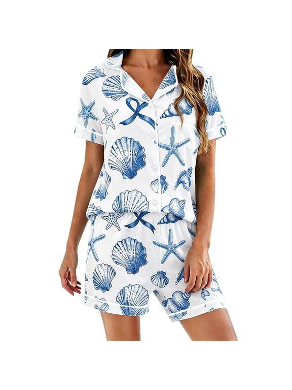 BODOAO Women's Cozy Seashell Starfish Print Satin Pajama Set Short Sleeve Top and Shorts Ocean Beach Silk Sleepwear Loungewear for Summer Relaxing and Sleep Wear Blue L