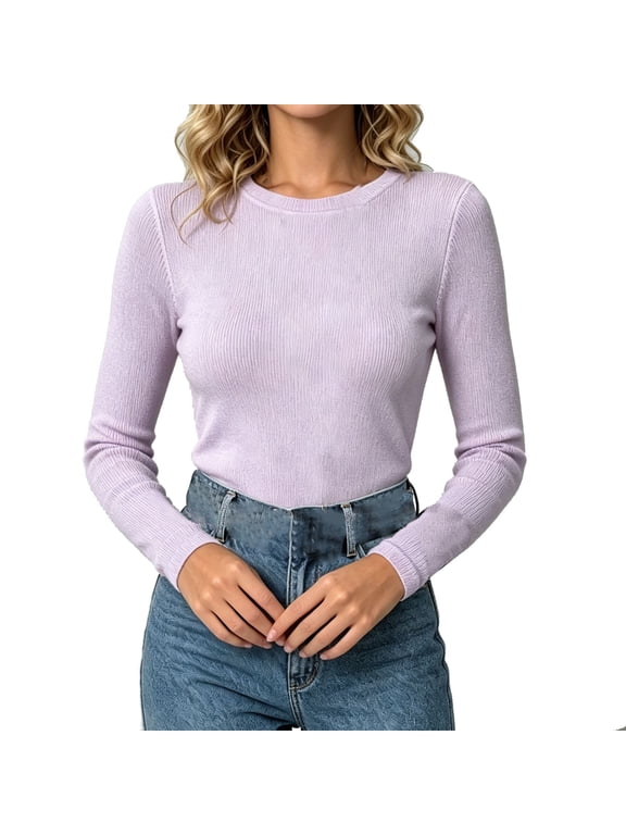 Women's Crewneck Sweater Long Sleeve Ribbed Knit Pullover Fitted Lightweight Soft Warm Cozy Casual Fall Winter Tunic Top for Women Fashion Everyday Wear Purple L
