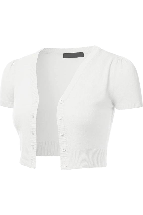Women's Cropped Bolero Cardigan Short Sleeve V-Neck Basic Classic Casual Button Down Knit Soft Sweater Top Women's Short Sleeve Cropped Button Down Cardigan Sweater Solid Color Snap Top White L