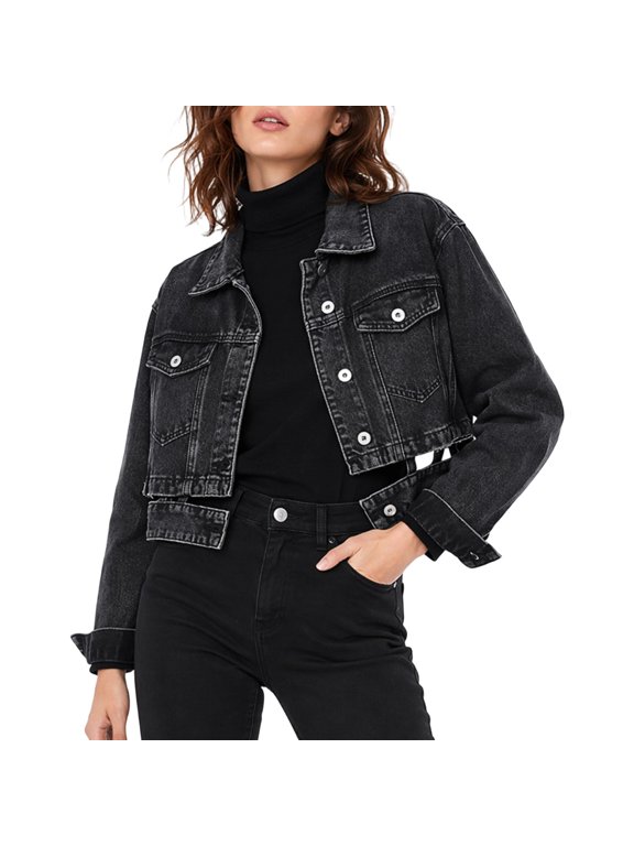 Women's Cropped Denim Jacket Long Sleeve Button Front Trucker Coat with Chest Flap Pockets and Adjustable Hem Tabs, Casual Jean Outerwear for Fall Layering Black L