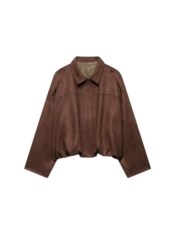 Women's Cropped Faux Suede Jacket Lantern Long Sleeve Button Up Bomber Coat Casual Loose Short Outerwear Top for Ladies Streetwear Cropped Jacket for Women Casual Fall Outerwear Brown XS