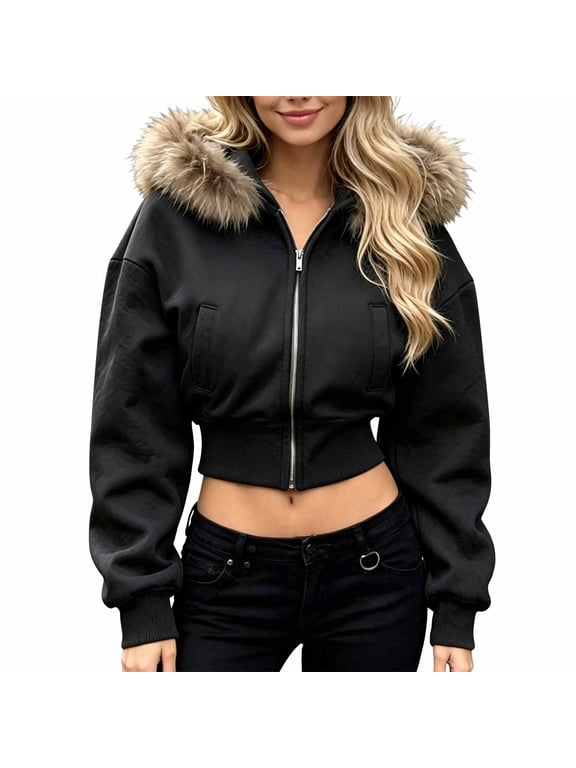 Women's Cropped Zip-Up Hoodie Jacket, Faux Fur Trim Hood Long Sleeve Cropped Bomber Sweatshirt with Pockets, Y2K Casual Streetwear Outerwear for Going Out Black S