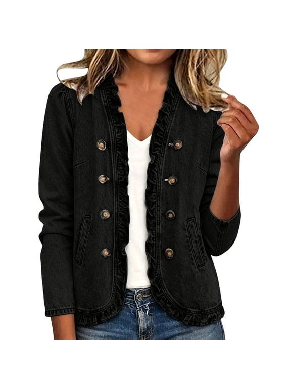 Women’s Denim-Look Blazer Jacket Ruffle Trim Long Sleeve Double Breasted Jean Jacket with Pockets Casual Vintage Denim Coat Dressy Fall Spring Outerwear Wear Black L