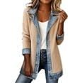thumbnail image 1 of BODOAO Women's Denim Patchwork Shirt Jacket, Collared Button Down Long Sleeve Shacket, Loose Casual Jean Coat for Fall Winter Layering, Travel and Daily Wear Beige 3XL, 1 of 5