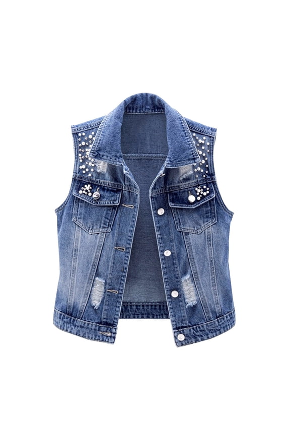 Women's Denim Vest Sleeveless Jean Jacket Button Front Distressed Rhinestone Studded Casual Western Waistcoat with Chest Pockets Summer Festival Layering Top Blue 2XL
