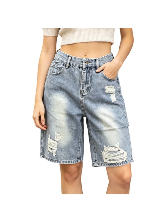 Women's Distressed Denim Shorts, Ripped Design Relaxed Fit Mid Length Jean Shorts with Raw Hem Detail, Washed Fabric, Pockets and Casual Loose Shape Detail Blue XL