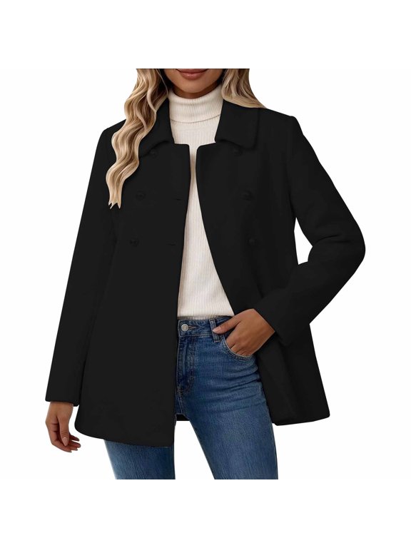 Women's Double Breasted Wool-Blend Coat, Peter Pan Collar Pearl Button Mid-Length Warm Overcoat, Long Sleeve Elegant Dressy Outerwear for Work Date Night Black 2XL