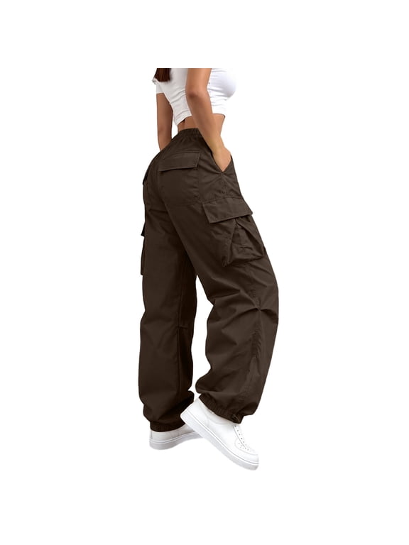 Women's Elastic Waist Baggy Wide Leg Cargo Pants for Women Casual Relaxed Fit Lightweight Stretchy Pants with Pockets Comfy Soft Lounge Work Athletic Brown 3XL