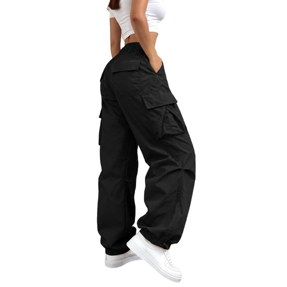 BODOAO Women's Elastic Waist Baggy Wide Leg Cargo Pants for Women Casual Relaxed Fit Lightweight Stretchy Pants with Pockets Comfy Soft Lounge Work Athletic Black 2XL