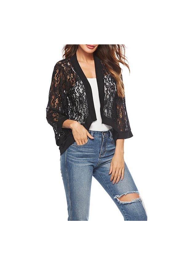 Women's Elegant 3/4 Sleeve Floral Lace Sheer Bolero Shrug Scalloped Trim Open Front Cropped Cardigan Shrug Tops Quarter Cardigan Crochet Sheer Up Lace Three Sleeve Jacket Cover Cardigan Black S