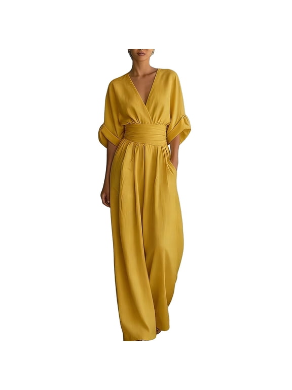 Women's Elegant Wide Leg Jumpsuit, Deep V-Neck Half Sleeve Flowy Romper, High Waist Pleated Bodysuit, Formal Outfit for Evening Party Yellow XL
