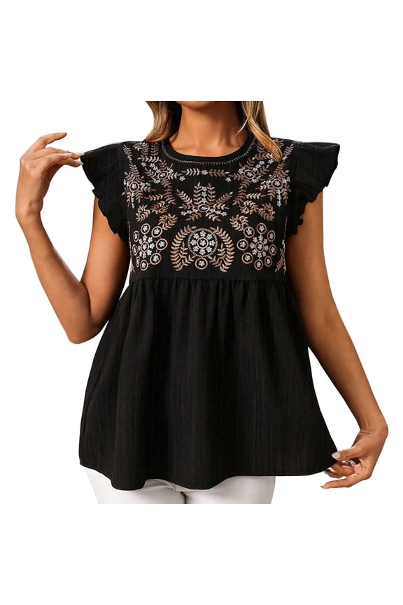 Women's Embroidered Blouse Flutter Sleeve Crew Neck Babydoll Top Floral Boho Loose Fit Flowy Casual Summer Tunic Shirt for Vacation Beach Daily Wear Outfit Black L