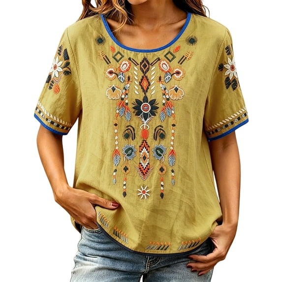 BODOAO Women's Embroidered Cotton Linen Peasant Top, Short Sleeve Boho Mexican Tunic Blouse, Loose Casual Summer T Shirt for Festival, Vacation, Beach, Daily Wear Yellow XL