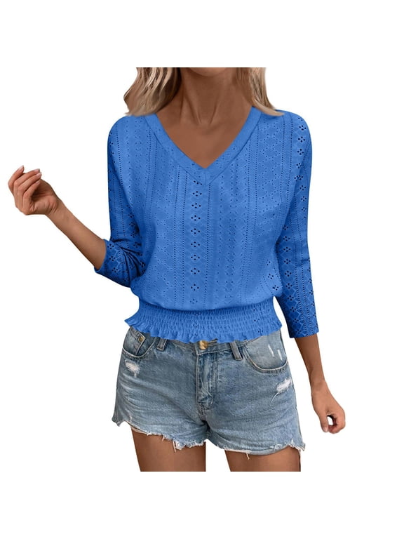 Women's Eyelet V Neck Short Sleeve Top, Smocked Waist Crop Shirt, Fashion Summer Plain Casual T Shirt Blouse for Vacation, Party, Beach, Shopping, Daily Wear Blue M