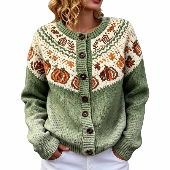 BODOAO Women's Fair Isle Cardigan Pumpkin Pattern Button Front Crew Neck Long Sleeve Knit Sweater Casual Fall Halloween Holiday Jacket for Seasonal Casual Wear Green S