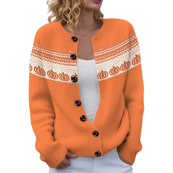 BODOAO Women's Fair Isle Cardigan Pumpkin Pattern Button Front Crew Neck Long Sleeve Knit Sweater Casual Fall Halloween Holiday Jacket for Seasonal Casual Wear Beige L