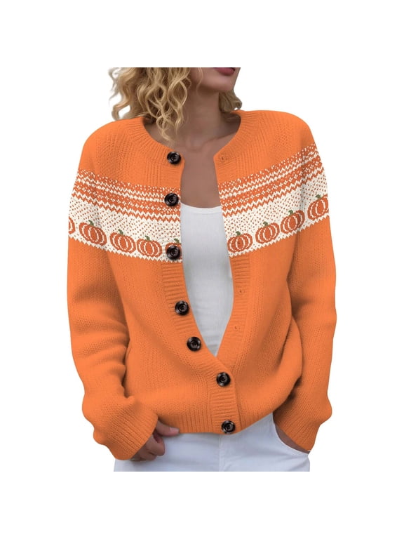 BODOAO Women's Fair Isle Cardigan Pumpkin Pattern Button Front Crew Neck Long Sleeve Knit Sweater Casual Fall Halloween Holiday Jacket for Seasonal Casual Wear Beige L