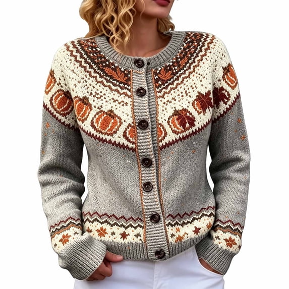 BODOAO Women's Fair Isle Cardigan Pumpkin Pattern Button Front Crew Neck Long Sleeve Knit Sweater Casual Fall Halloween Holiday Jacket for Seasonal Casual Wear Grey 2XL