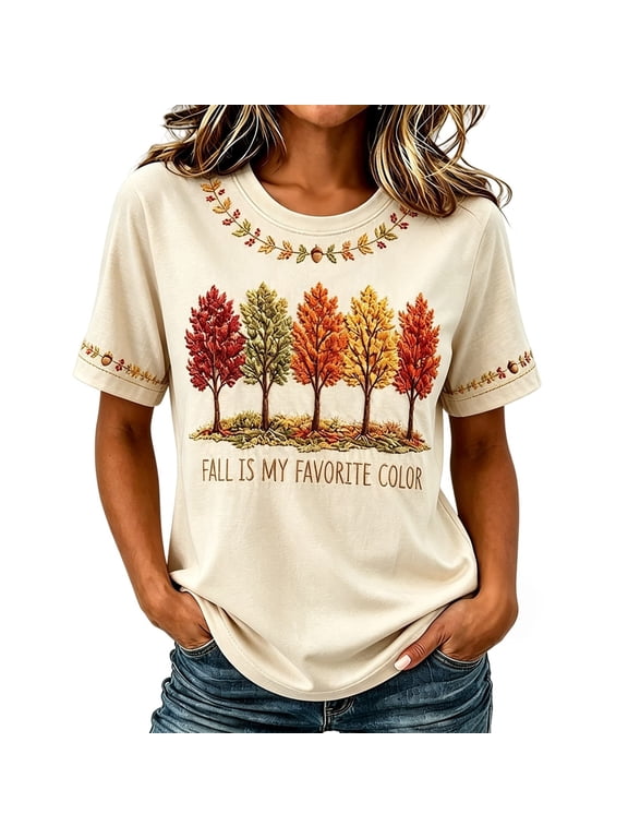 Women's Fall Graphic Tee Short Sleeve Crew Neck T Shirt Autumn Tree Print Casual Thanksgiving Top for Women Vintage Holiday Everyday Summer Fashion Wear Beige XL